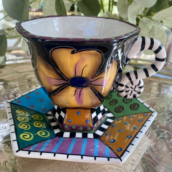 Studio Designworks Other - Studio Designworks Coffee Tea Cup Saucer Set Whimsical Hand Painted Six Sided